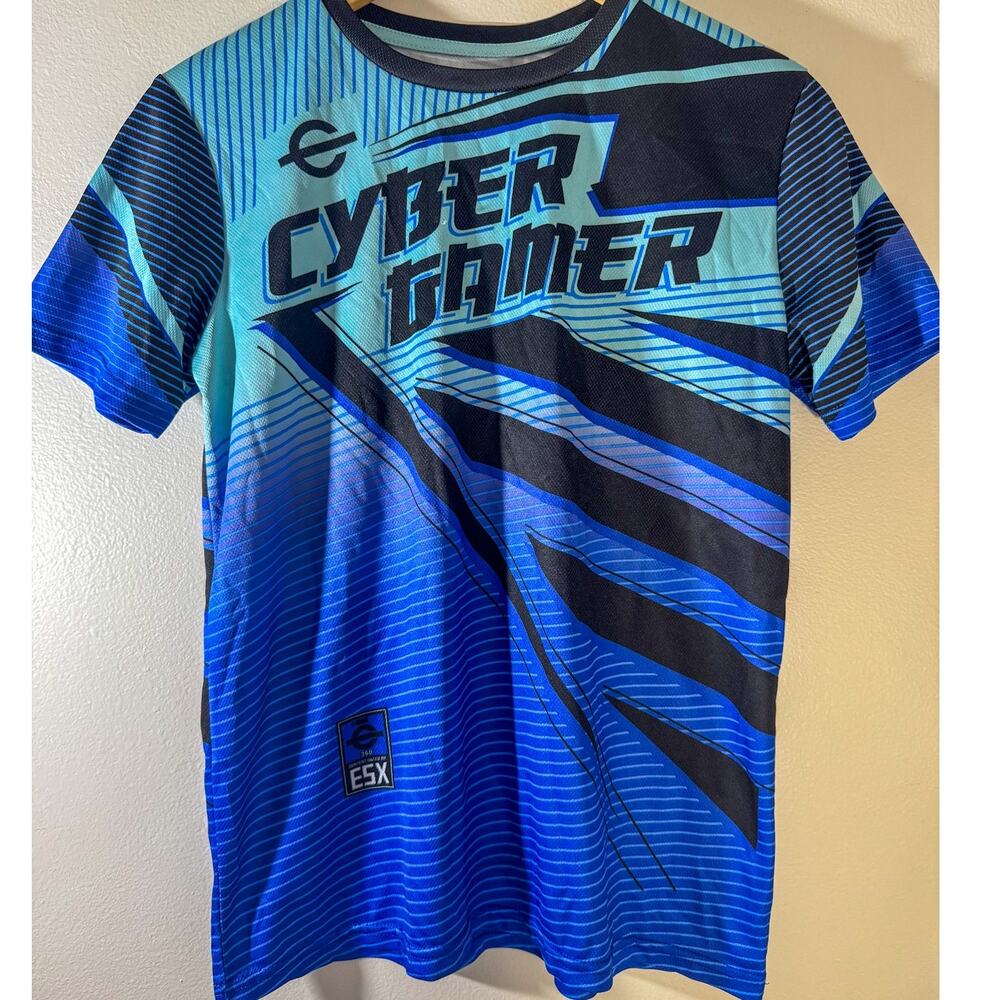 ESX 360 Cyber Gamer Esports Jersey Blue Black Abstract Graphic Gaming Tee Y2K